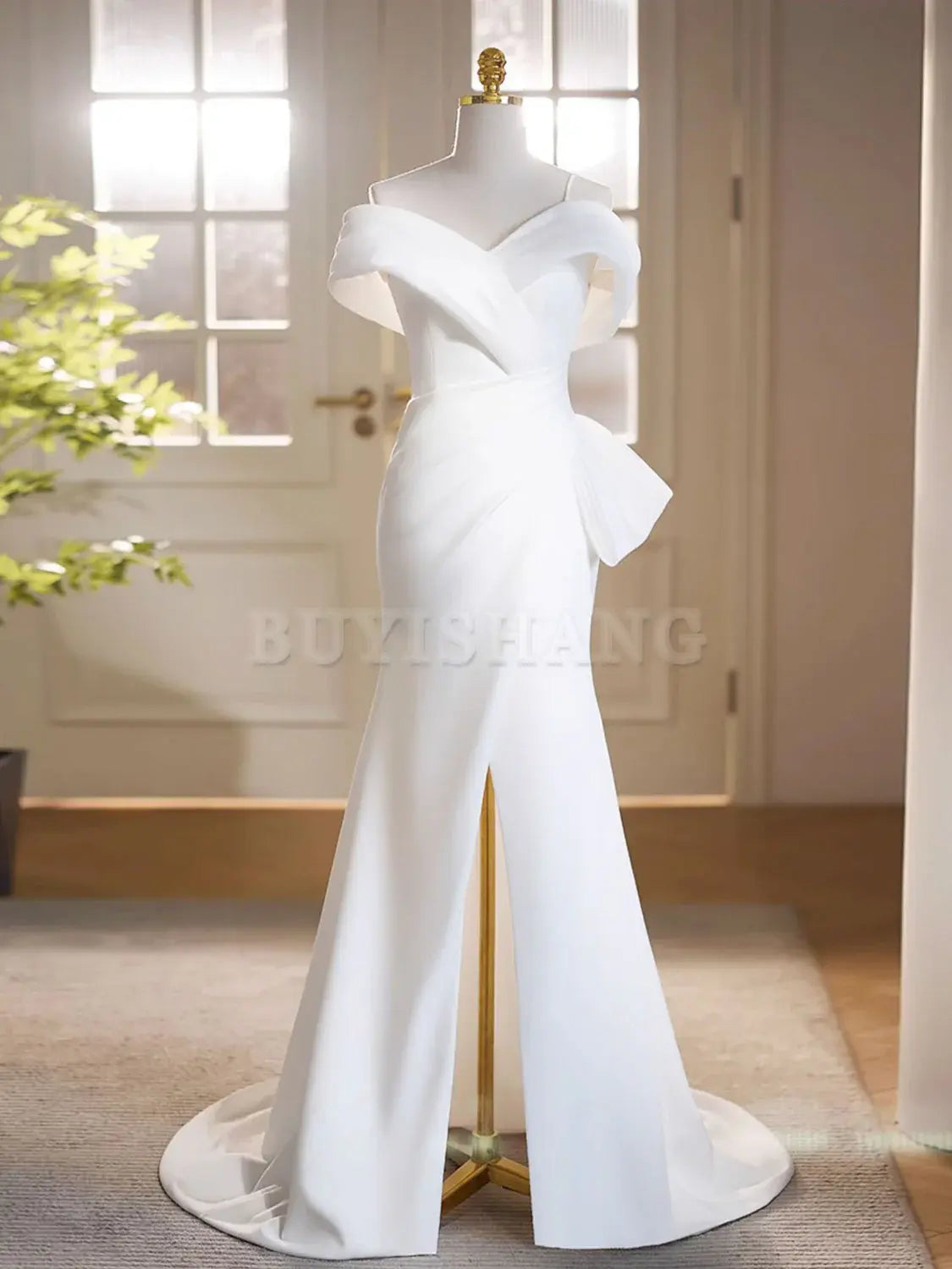 Buyishang White Off Shoulder Satin Long Prom Dress White Formal Dress prom dresses shops