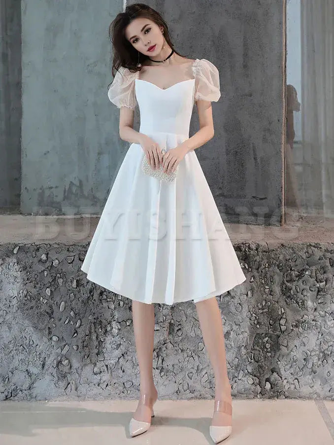 Buyishang White Satin Short Prom Dress White Homecoming Dress prom dress in store