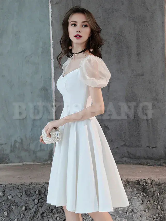 Buyishang White Satin Short Prom Dress White Homecoming Dress prom dress in store