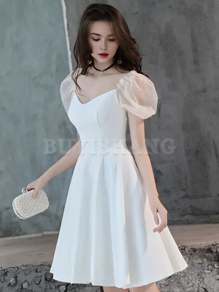 Buyishang White Satin Short Prom Dress White Homecoming Dress prom dress in store