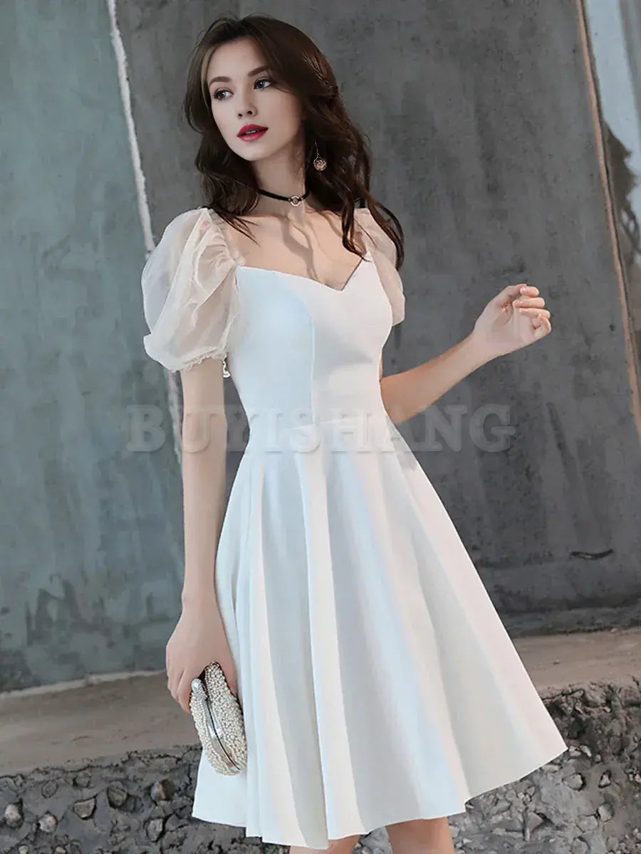 Buyishang White Satin Short Prom Dress White Homecoming Dress prom dress in store