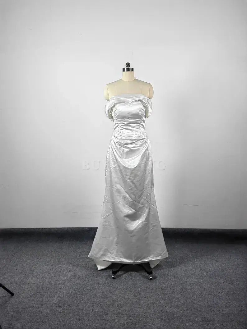 Buyishang White Simple Long Evening Dress Strpless Elegant Mermaid Prom Party Dress Open Back Formal Dress Wedding Bridesmaid Dress Cocktail Dress