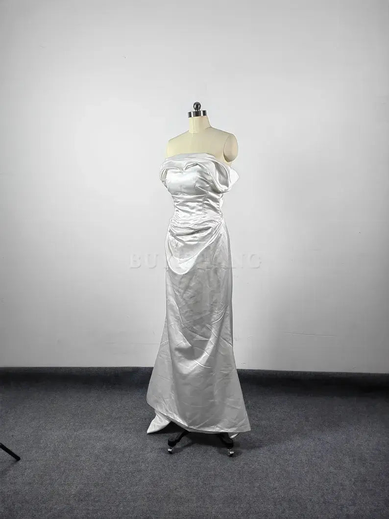 Buyishang White Simple Long Evening Dress Strpless Elegant Mermaid Prom Party Dress Open Back Formal Dress Wedding Bridesmaid Dress Cocktail Dress