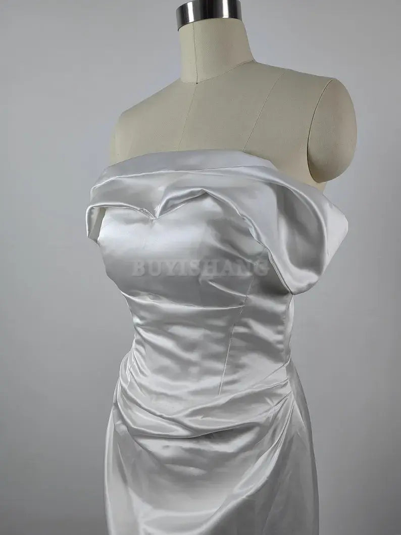 Buyishang White Simple Long Evening Dress Strpless Elegant Mermaid Prom Party Dress Open Back Formal Dress Wedding Bridesmaid Dress Cocktail Dress