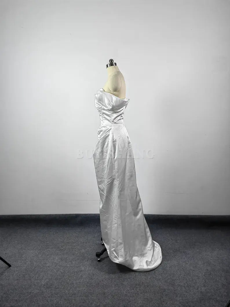 Buyishang White Simple Long Evening Dress Strpless Elegant Mermaid Prom Party Dress Open Back Formal Dress Wedding Bridesmaid Dress Cocktail Dress