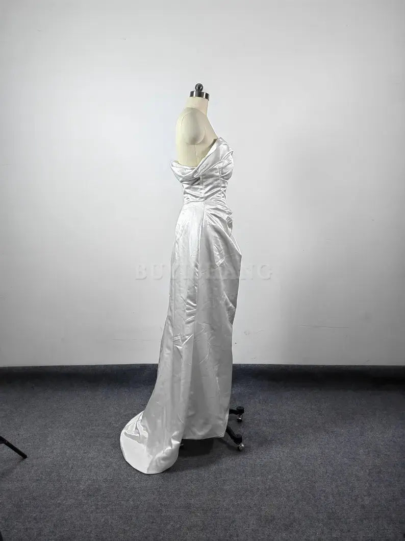 Buyishang White Simple Long Evening Dress Strpless Elegant Mermaid Prom Party Dress Open Back Formal Dress Wedding Bridesmaid Dress Cocktail Dress