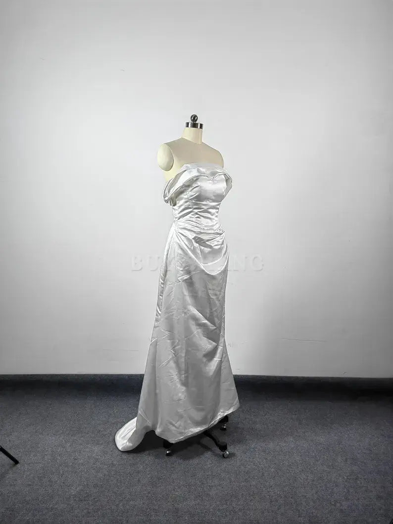 Buyishang White Simple Long Evening Dress Strpless Elegant Mermaid Prom Party Dress Open Back Formal Dress Wedding Bridesmaid Dress Cocktail Dress