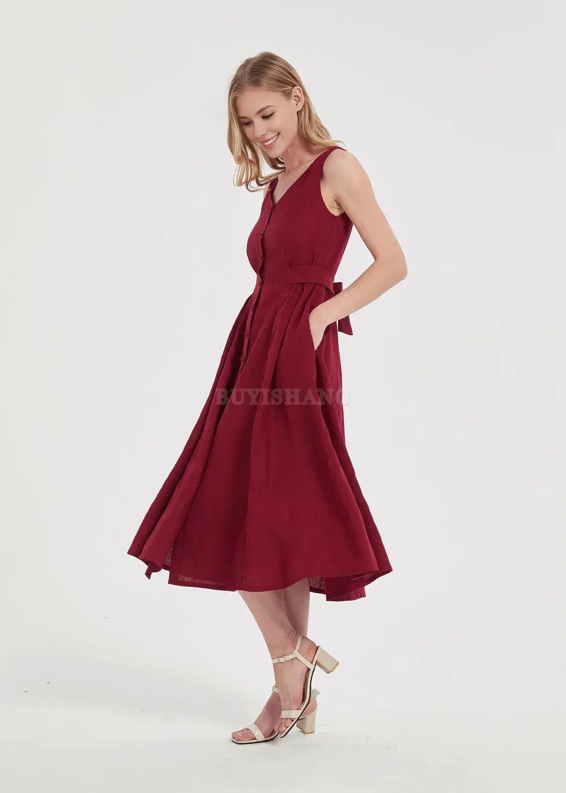 Buyishang Women’s loose dress with belt adjustable waist v-neck sleeveless Bridesmaids Dress Prom Dress summer Dress  maxi dress pure linen dress