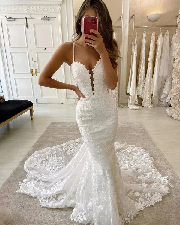 Buyishang Mermaid Lace White Wedding Dresses Spaghetti Straps