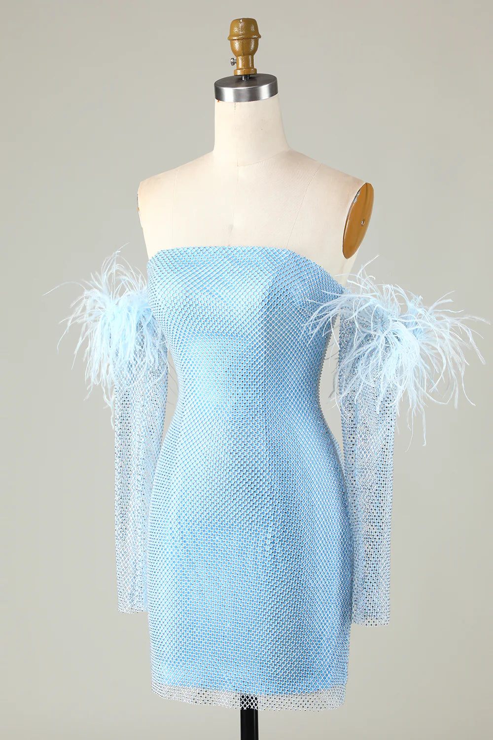 Detachable Sleeves Blue Tight Homecoming Dress with Feathers