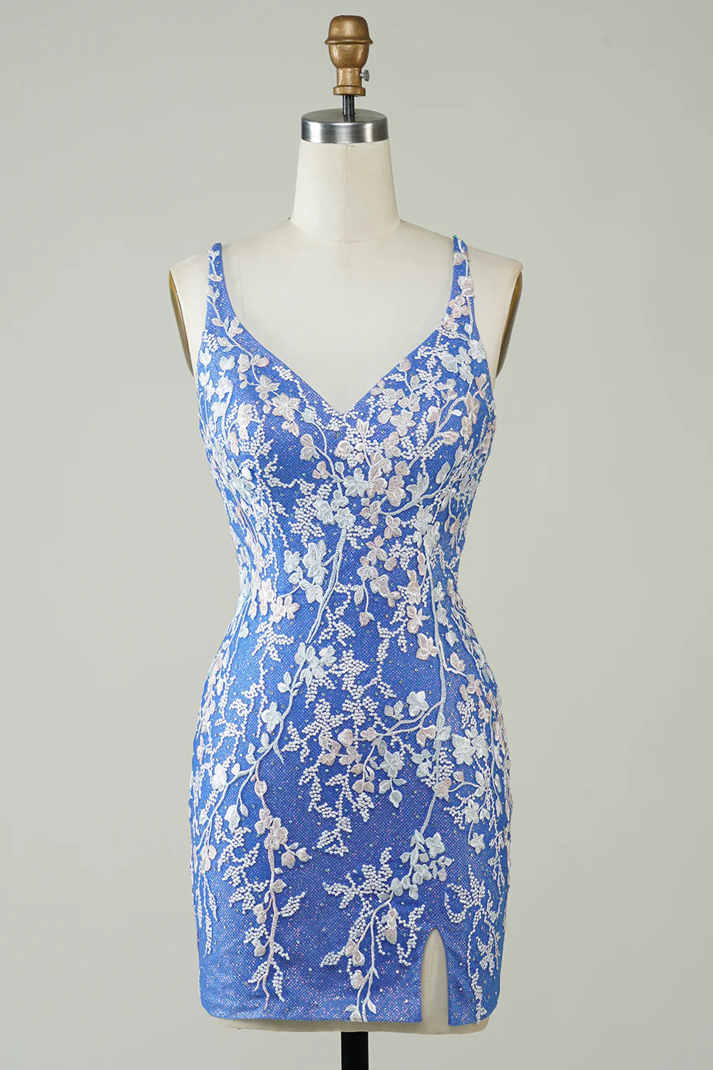 Sheath V Neck Blue Short Homecoming Dress with Appliques Criss Cross Back