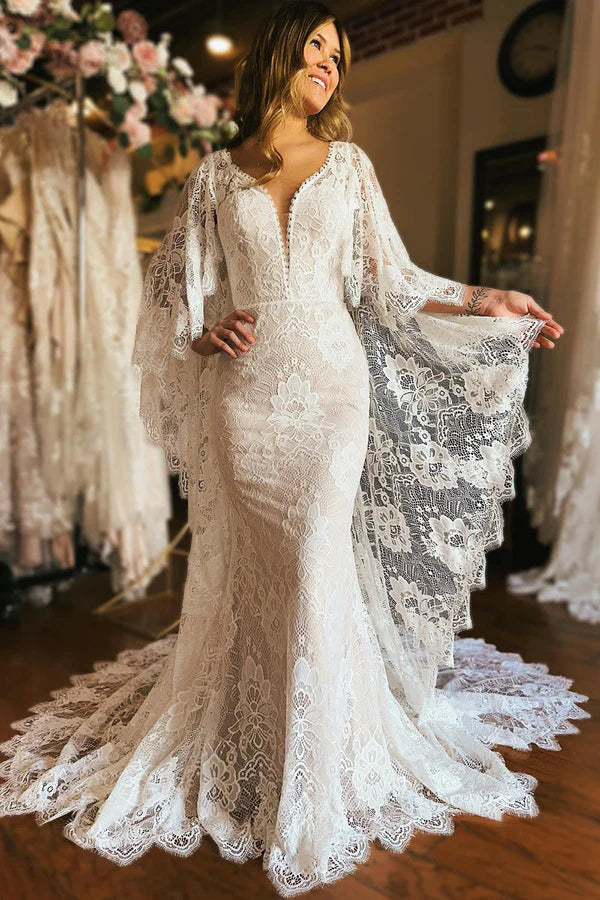 Buyishang Ivory Long Sleeve Cape Lace Mermaid Wedding Dress with Appliques