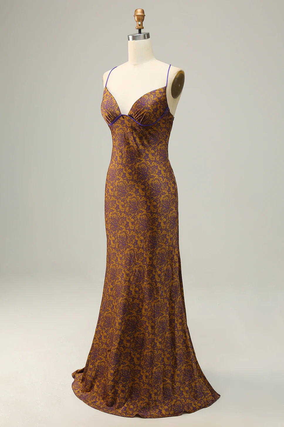 Flower Printed Brown Long Bridesmaid Dress