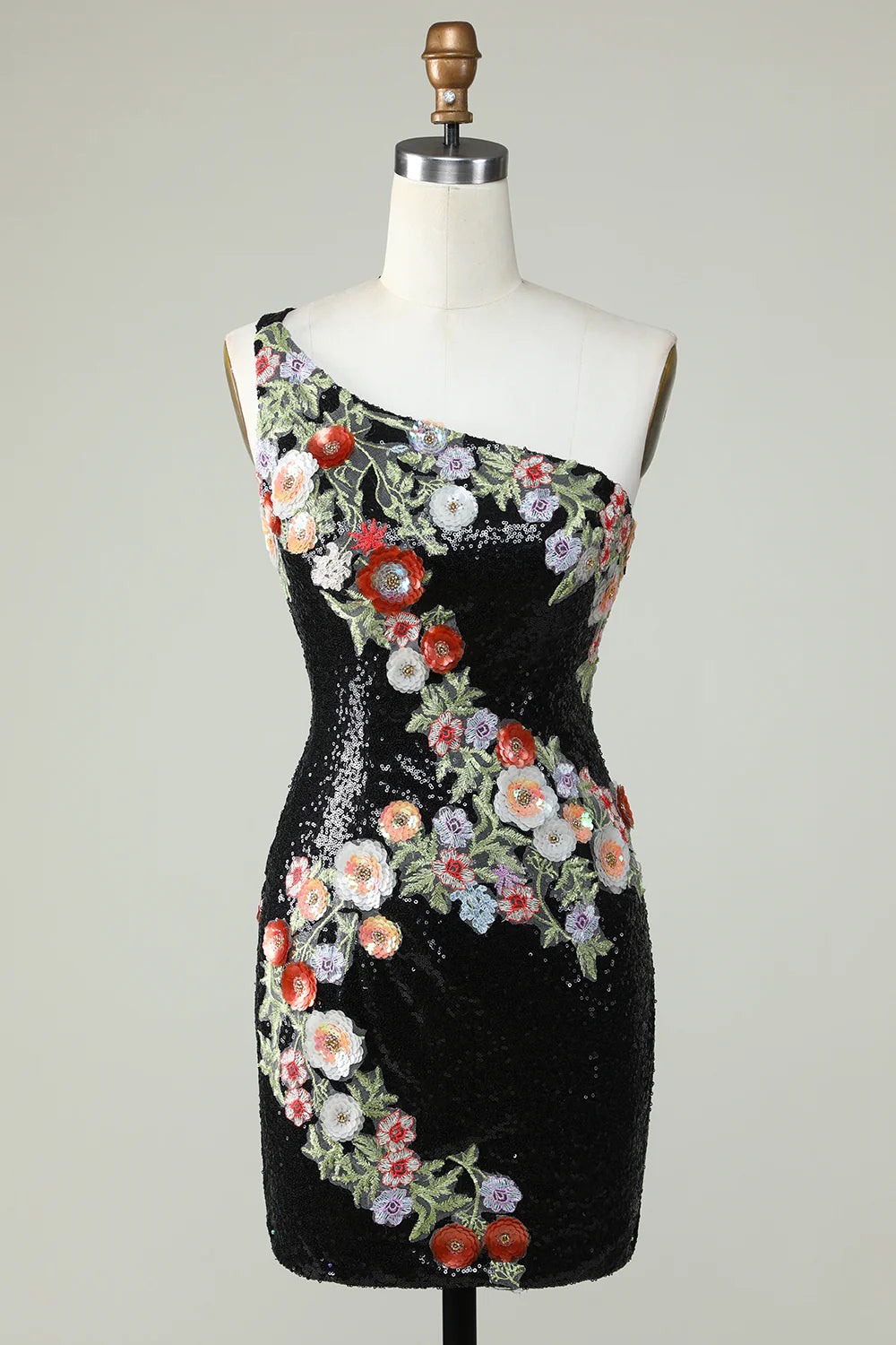 One Shoulder Black Sequin Beading Homecoming Dress