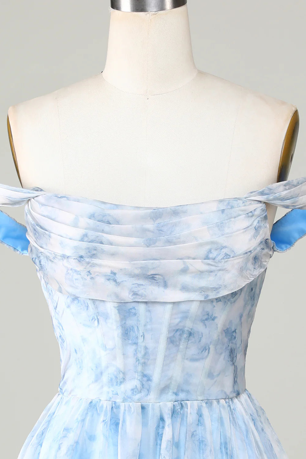 Cute A Line Off the Shoulder Blue Printed Short Homecoming Dress with Ruffles