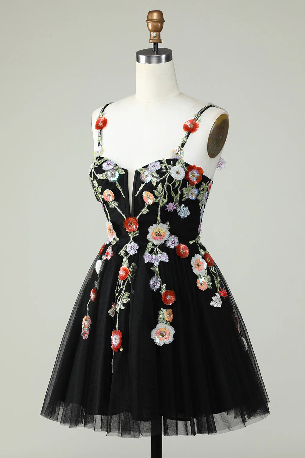 Spaghetti Straps Black A Line Sequin Flowers Homecoming Dress