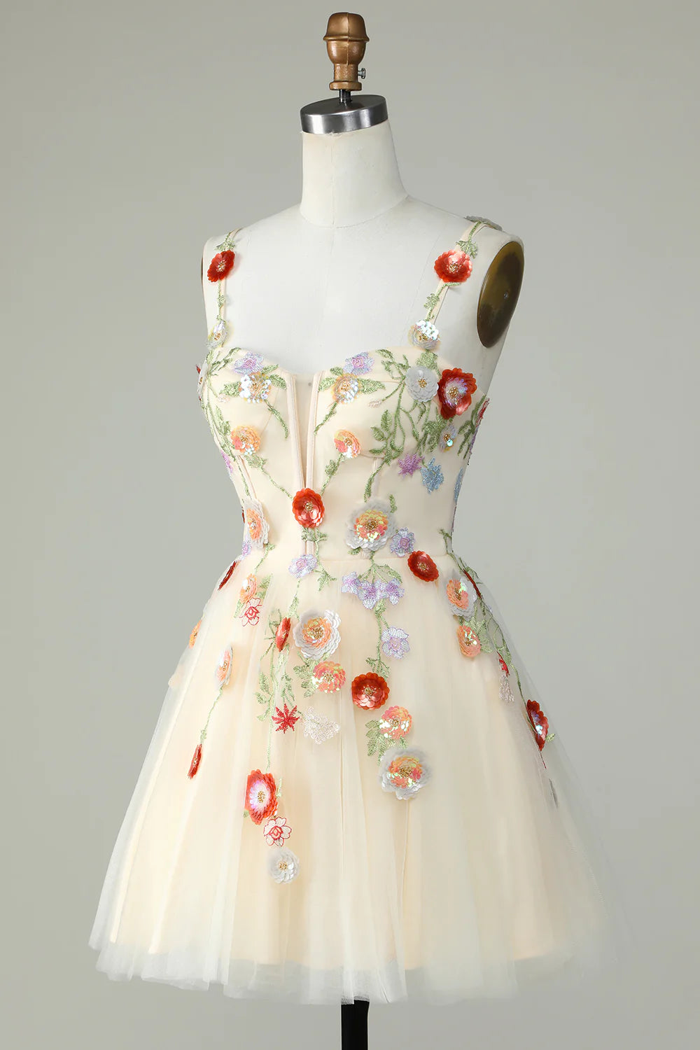 Spaghetti Straps Black A Line Sequin Flowers Homecoming Dress