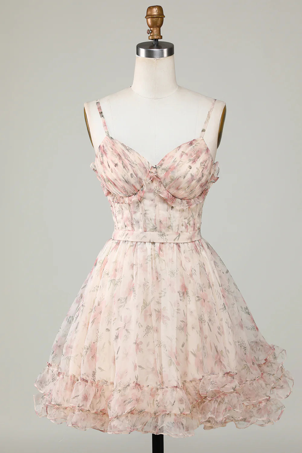 Champagne A-Line Corset Floral Short Homecoming Dress