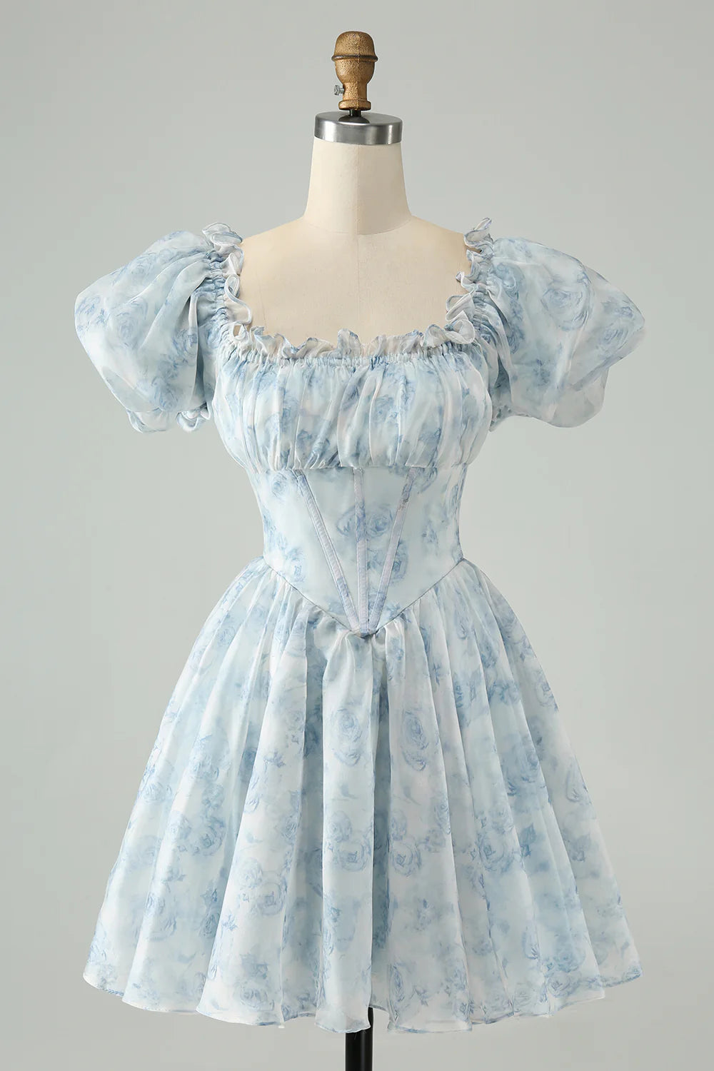 Light Green A Line Square Neck Floral Ruffle Short Homecoming Dress