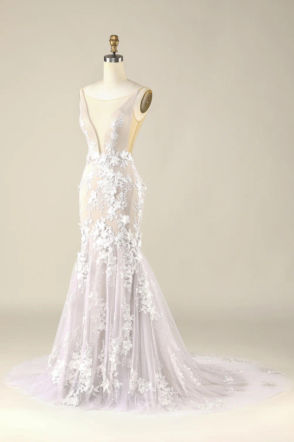 Ivory Mermaid Illusion Boat Neck Lace Wedding Dress