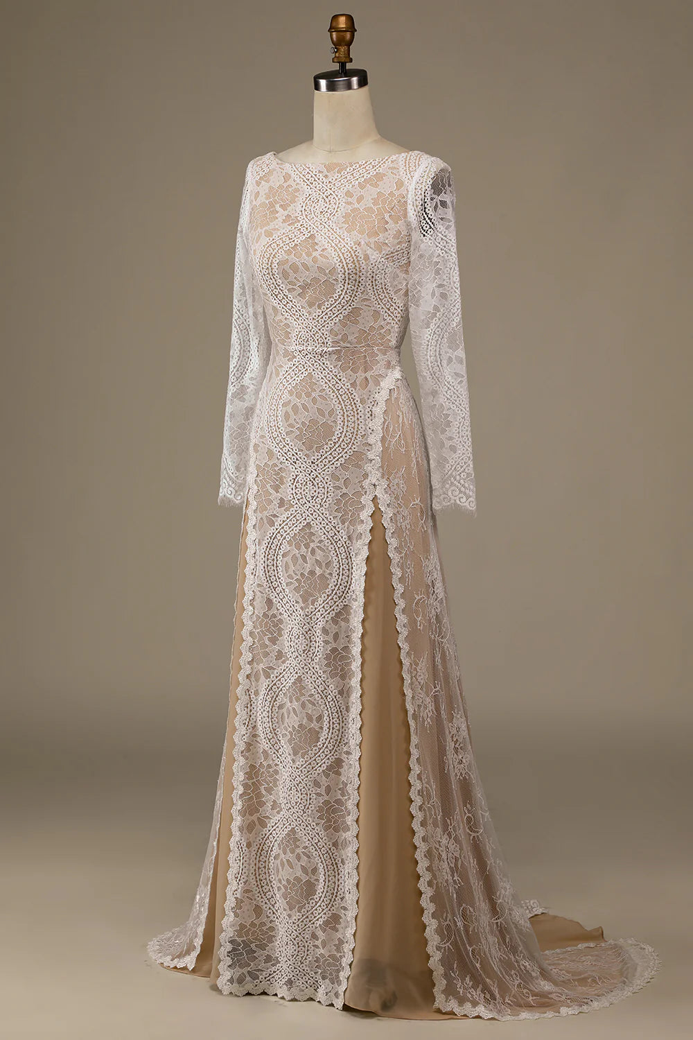 Champagne Long Sleeves Lace Sweep Train Wedding Dress