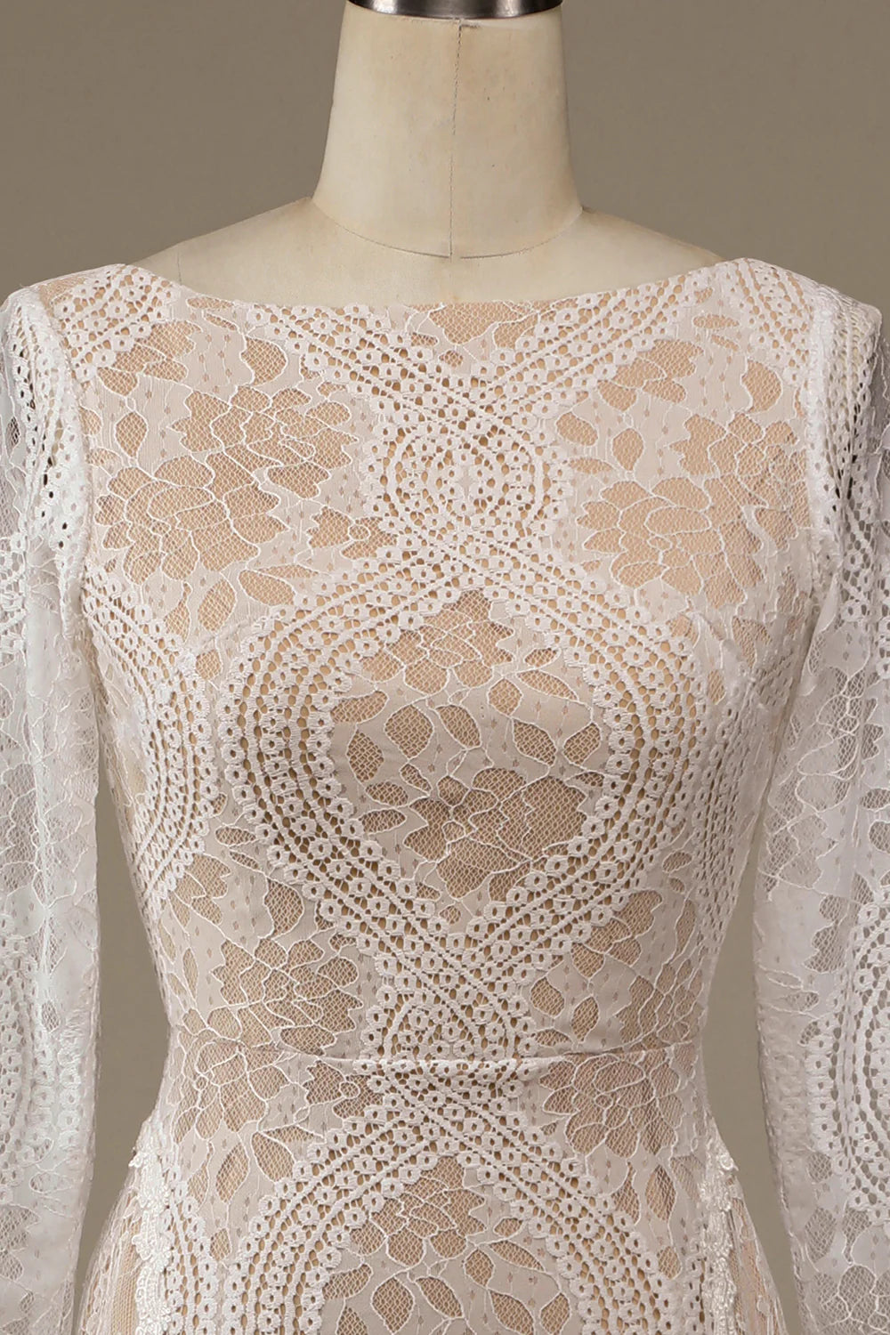 Champagne Long Sleeves Lace Sweep Train Wedding Dress