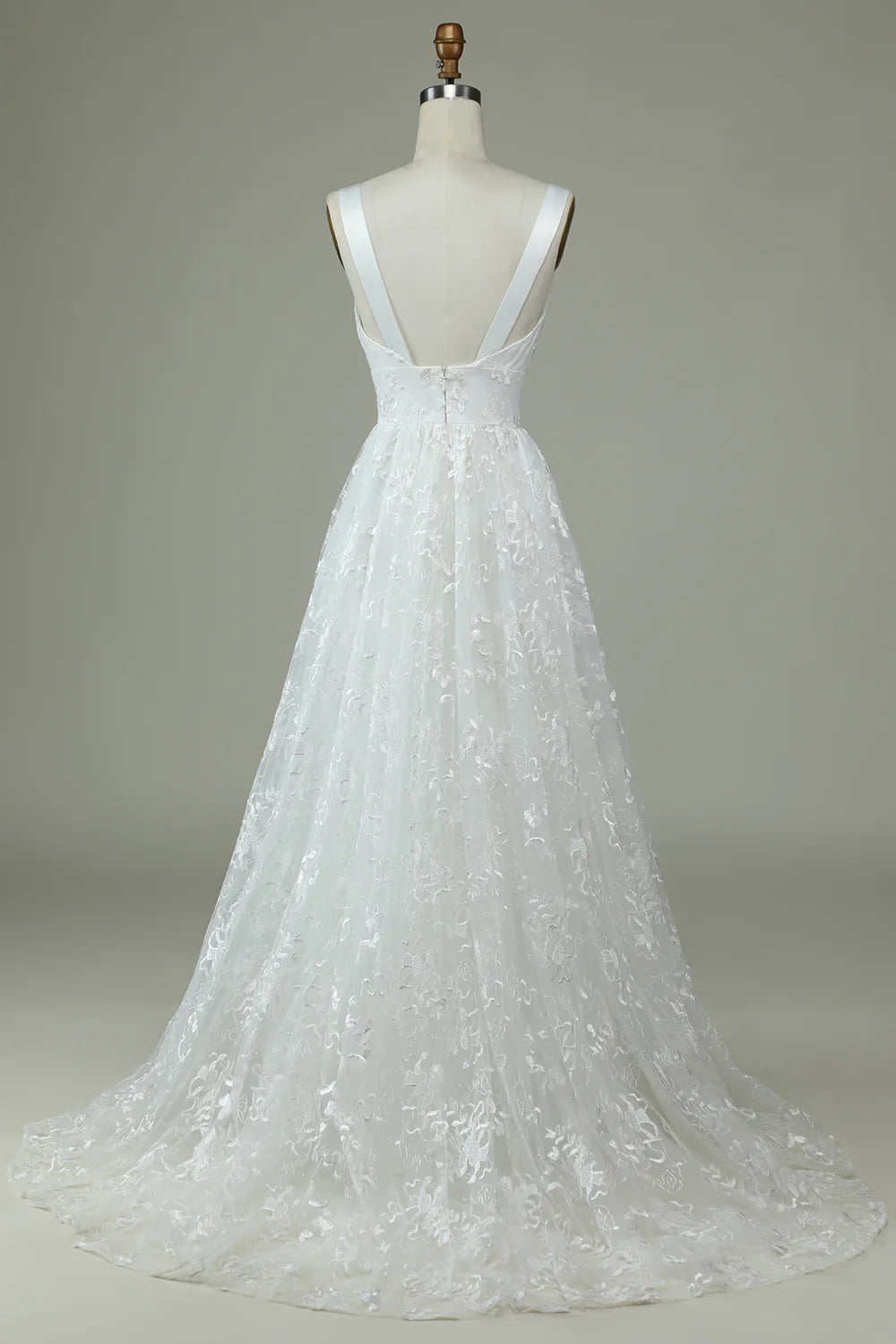 Ivory Lace V-Neck Wedding Dress with Slit