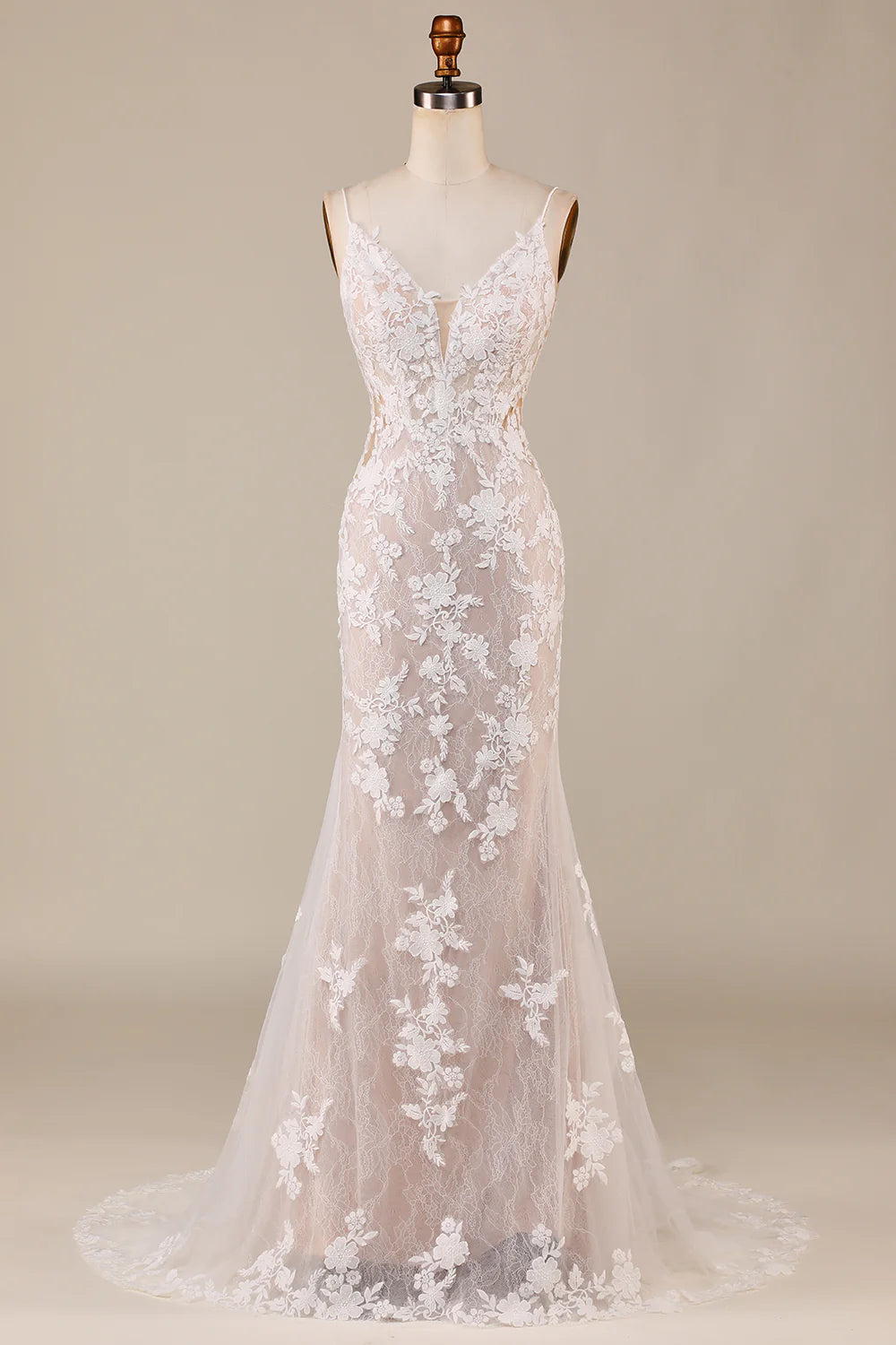 Charming Mermaid Spaghetti Straps Ivory Long Bridal Dress with Lace