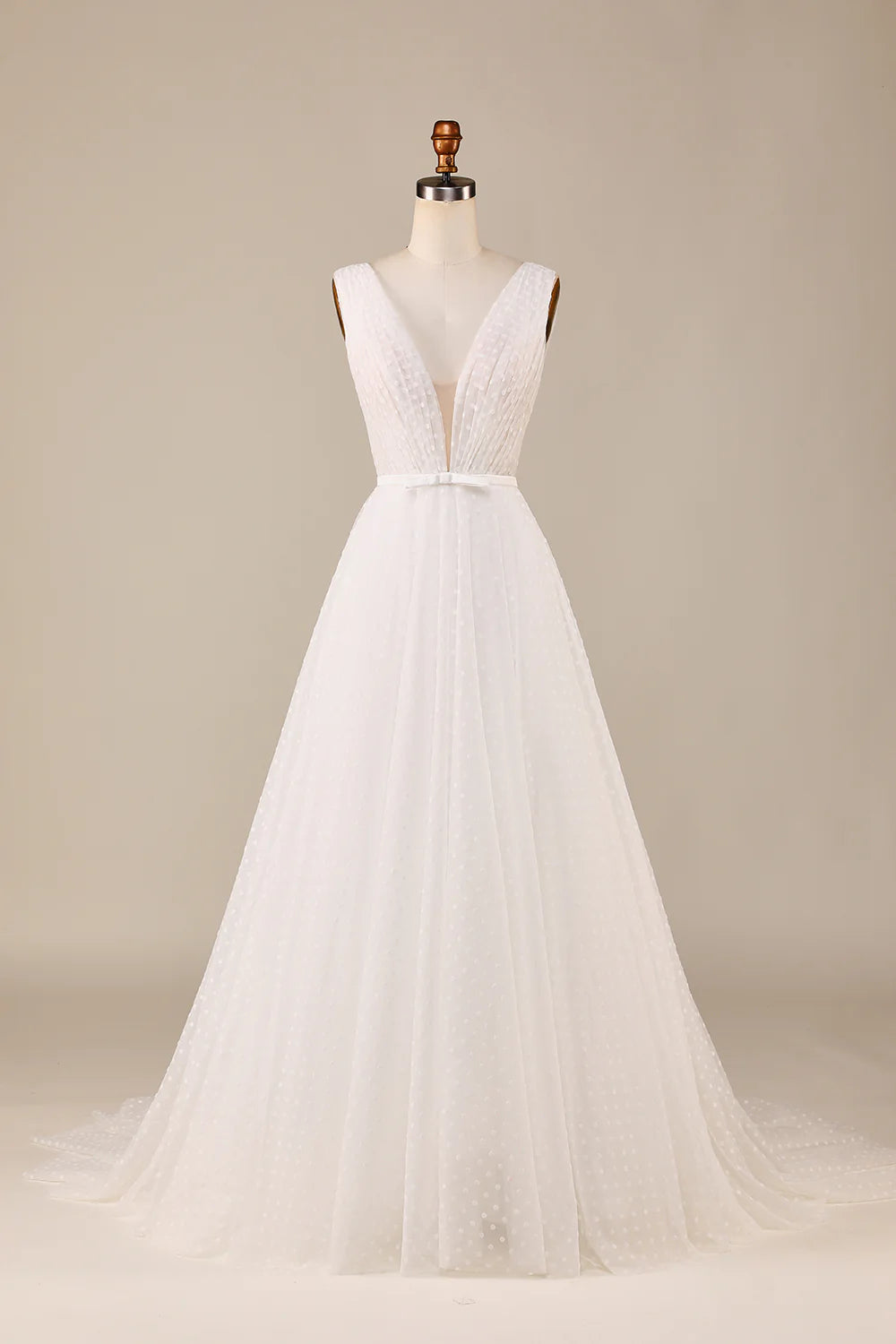 Elegant A Line V Neck Ivory Detachable Watteau Train Tulle Wedding Dress