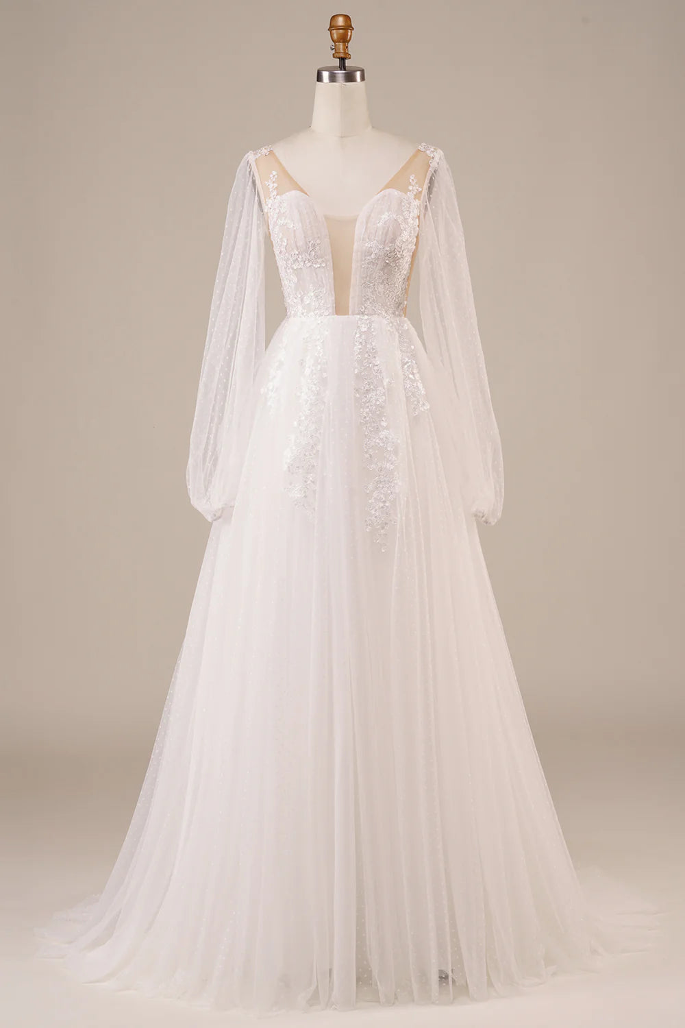 Long Sleeves Open Back Ivory Wedding Dress with Appliques