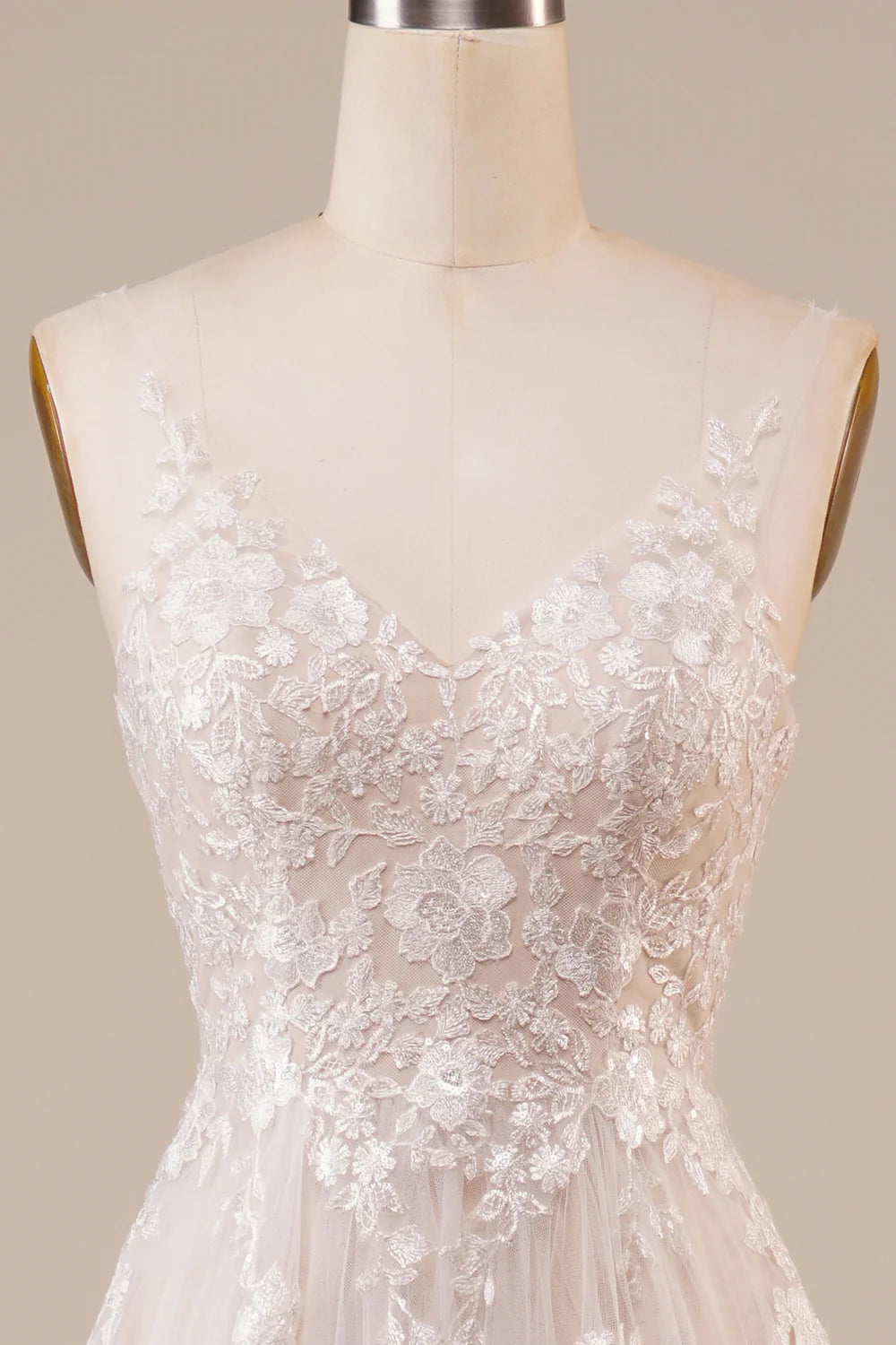 Tulle Backless Ivory Long Wedding Dress with Embroidery