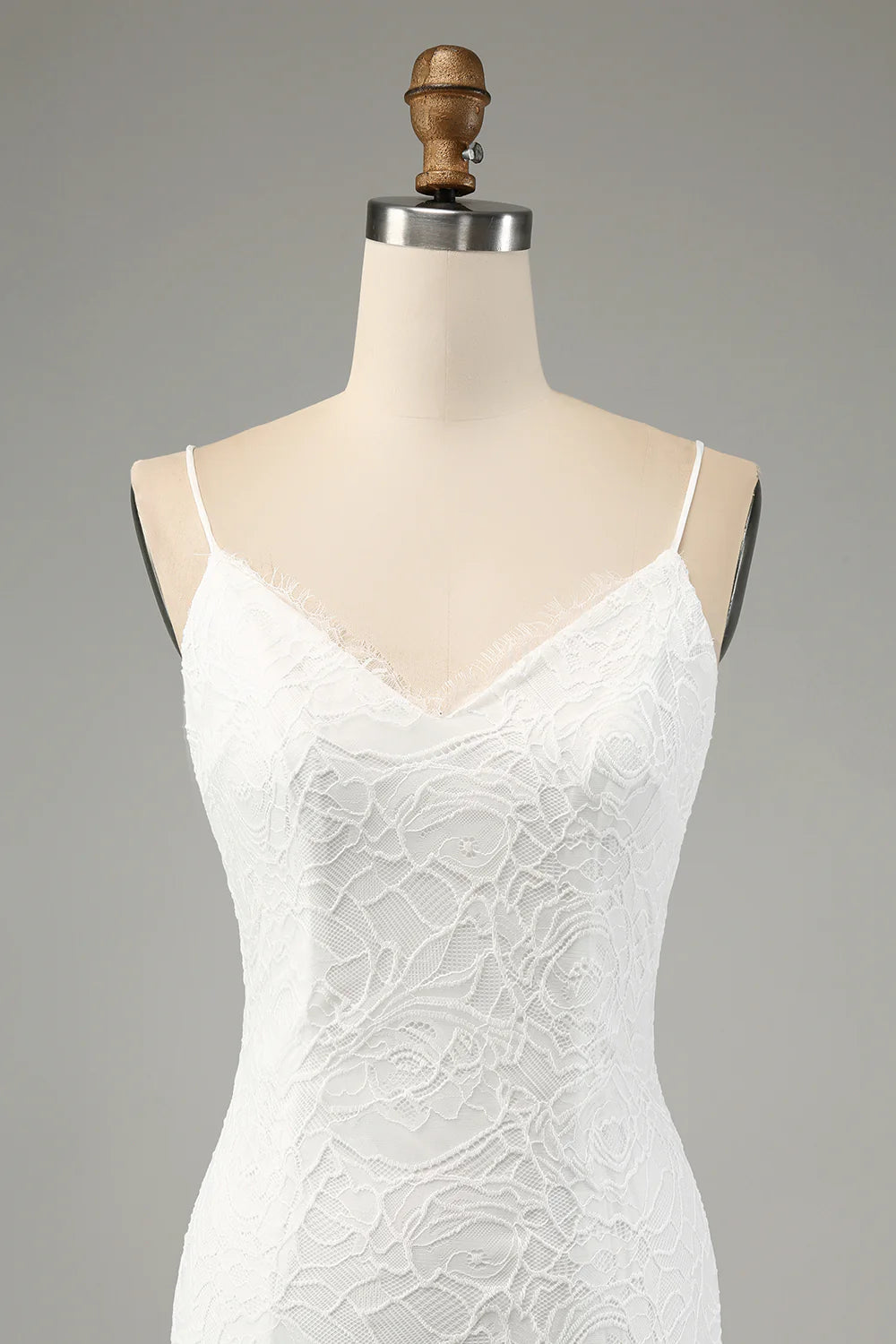 Ivory Mermaid Lace Spaghetti Straps Wedding Dress with Slit