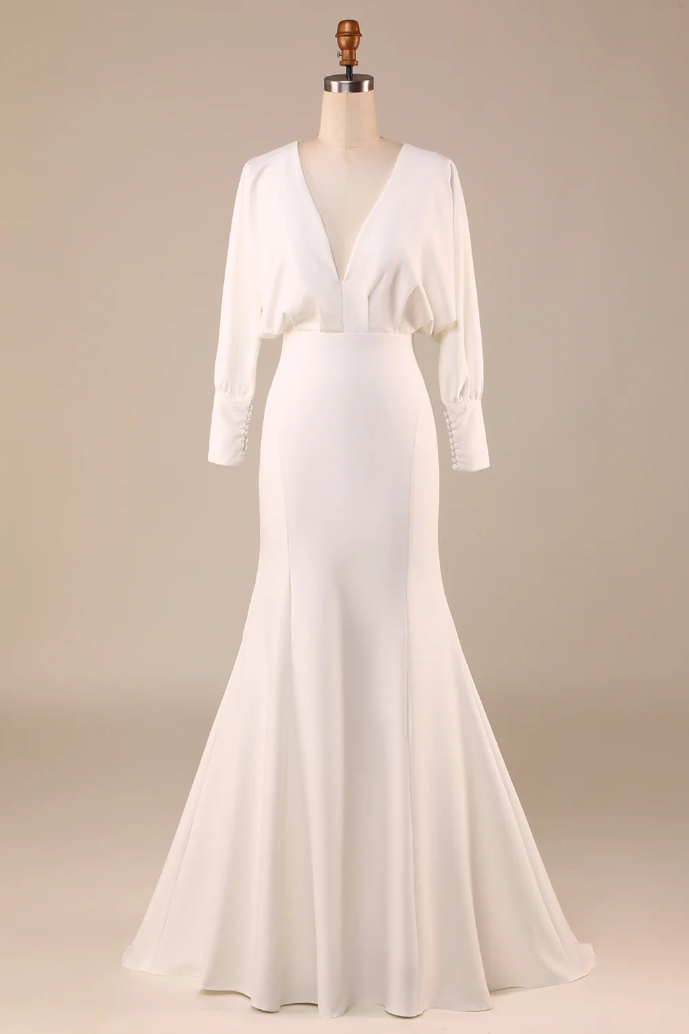Simple Ivory Mermaid Long Sleeves Deep V-Neck Wedding Dress