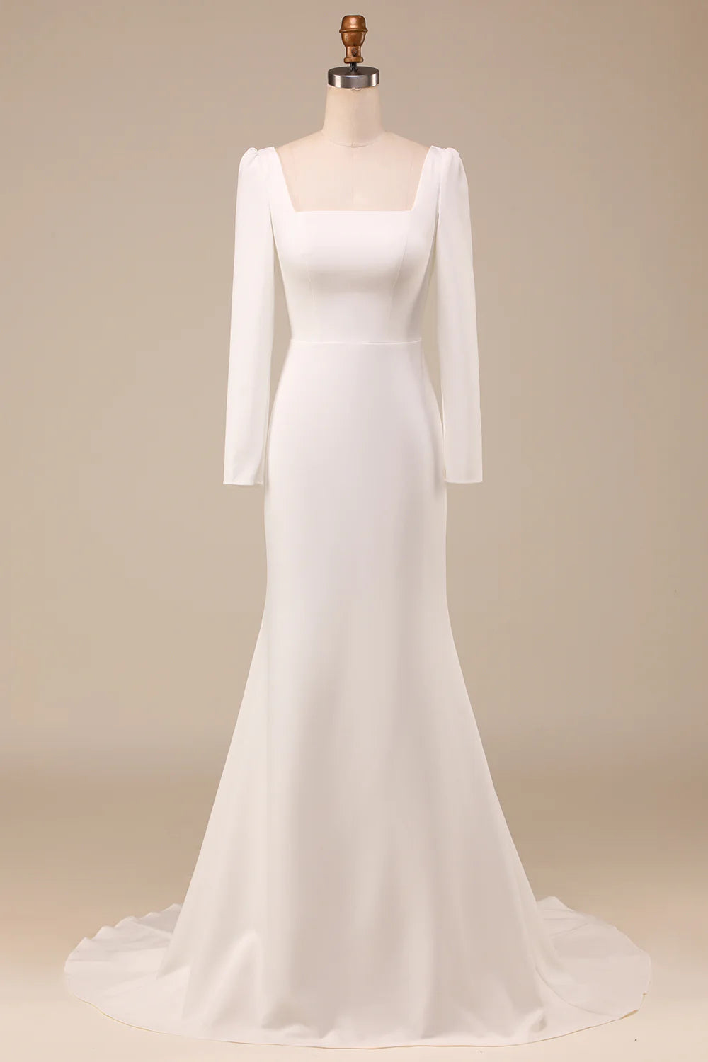 Ivory Mermaid Square Neck Bridal Dress With Long Sleeves