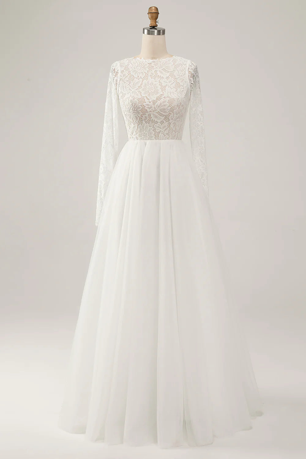 Elegant Ivory A Line Backless Long Sleeves Wedding Dress with Lace