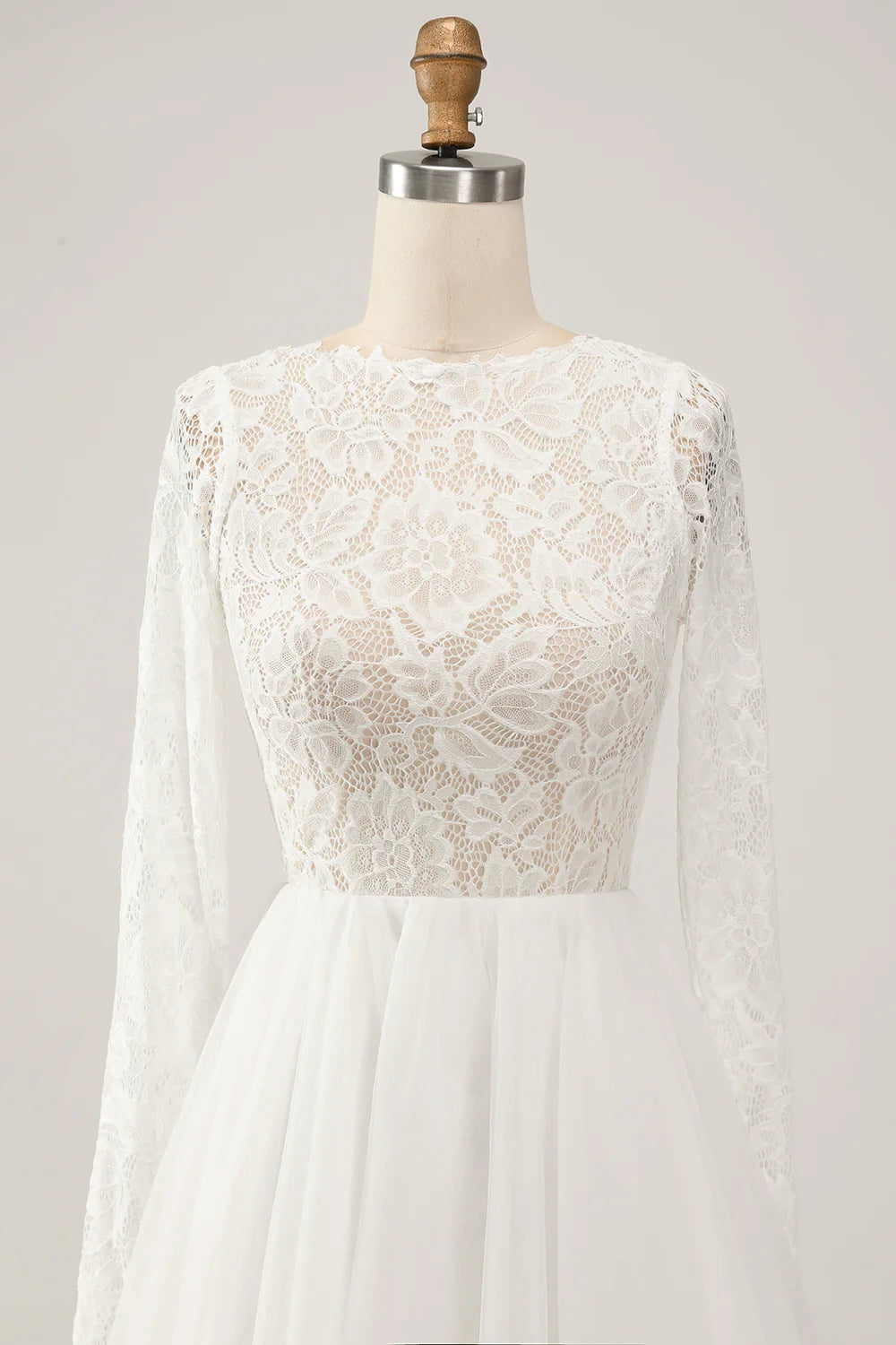 Elegant Ivory A Line Backless Long Sleeves Wedding Dress with Lace