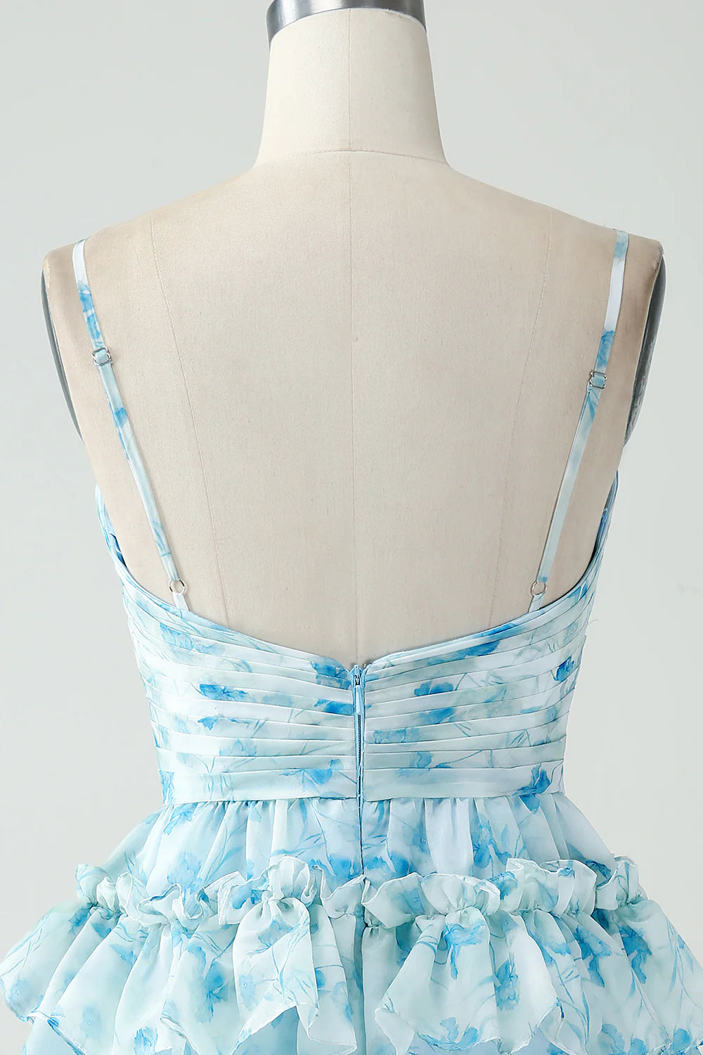 A-Line Spaghetti Straps Tiered Blue Floral Short Homecoming Dress