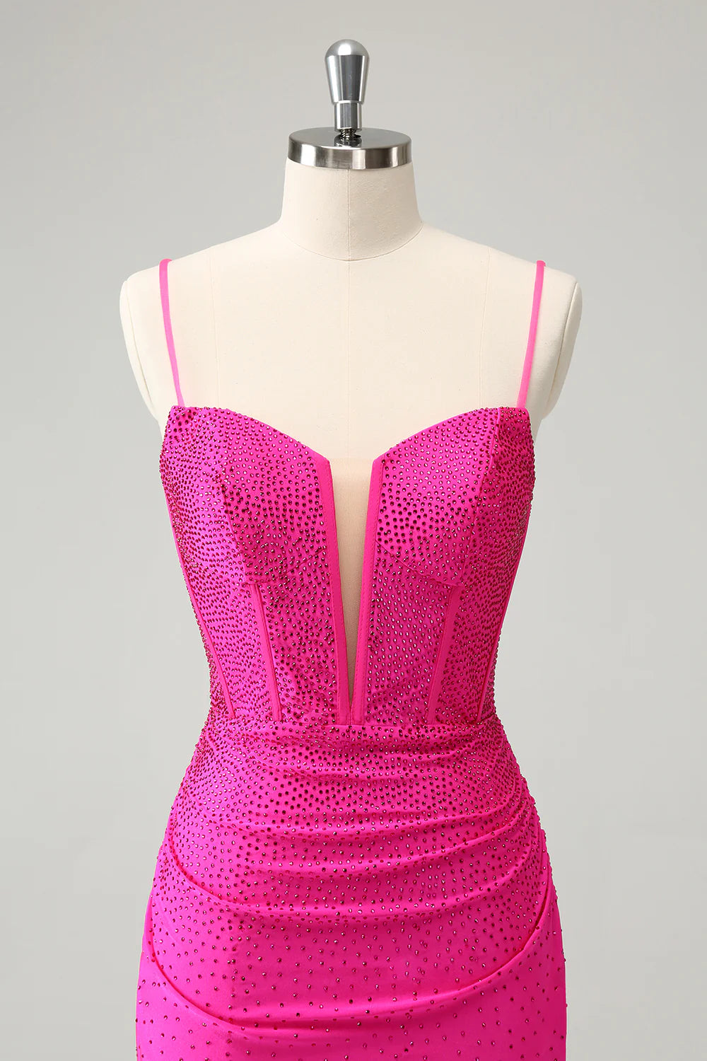 Fuchsia Bodycon Spaghetti Straps Ruched Short Homecoming Dress with Beading