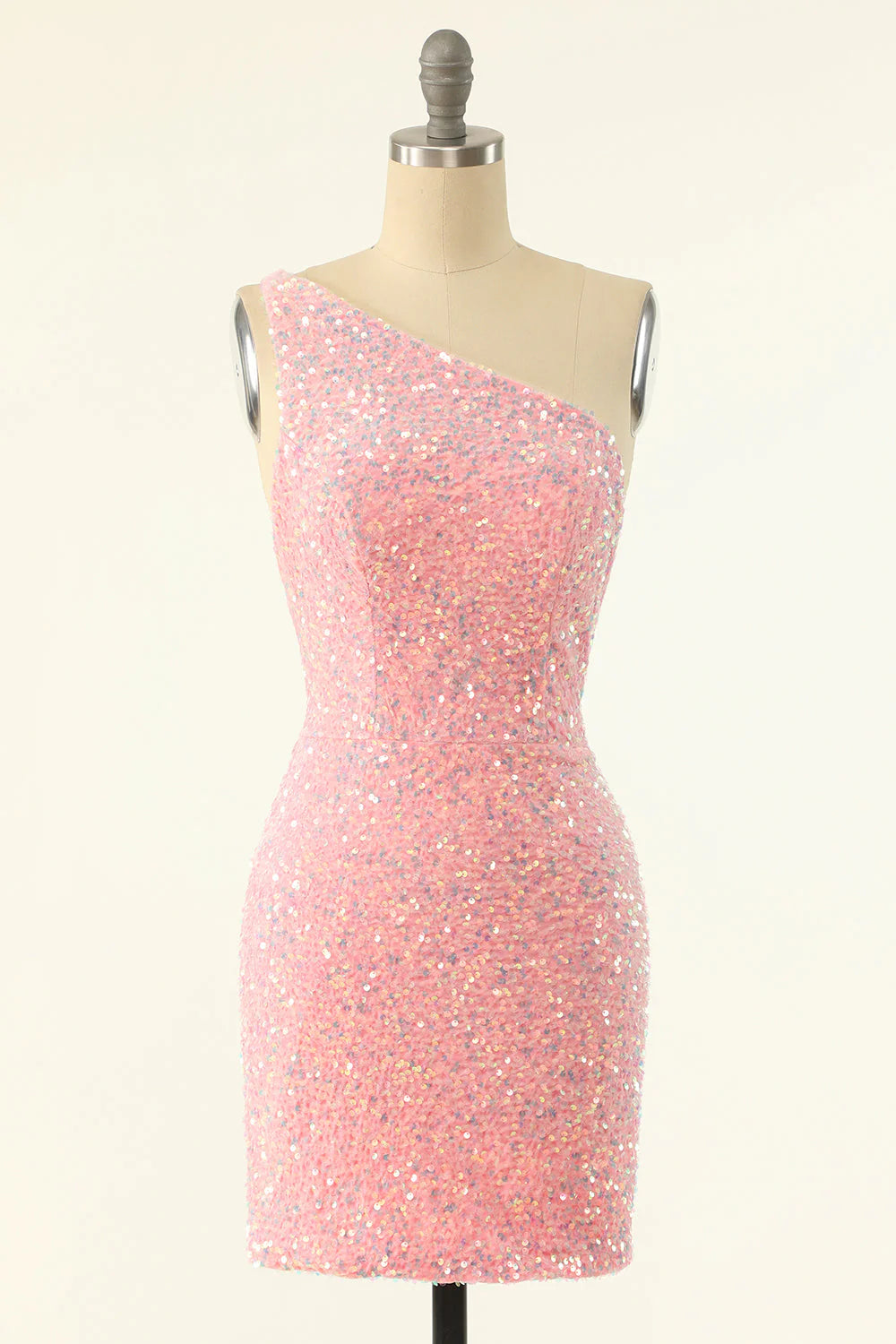 Pink One Shoulder Sequins Tight Homecoming Dress