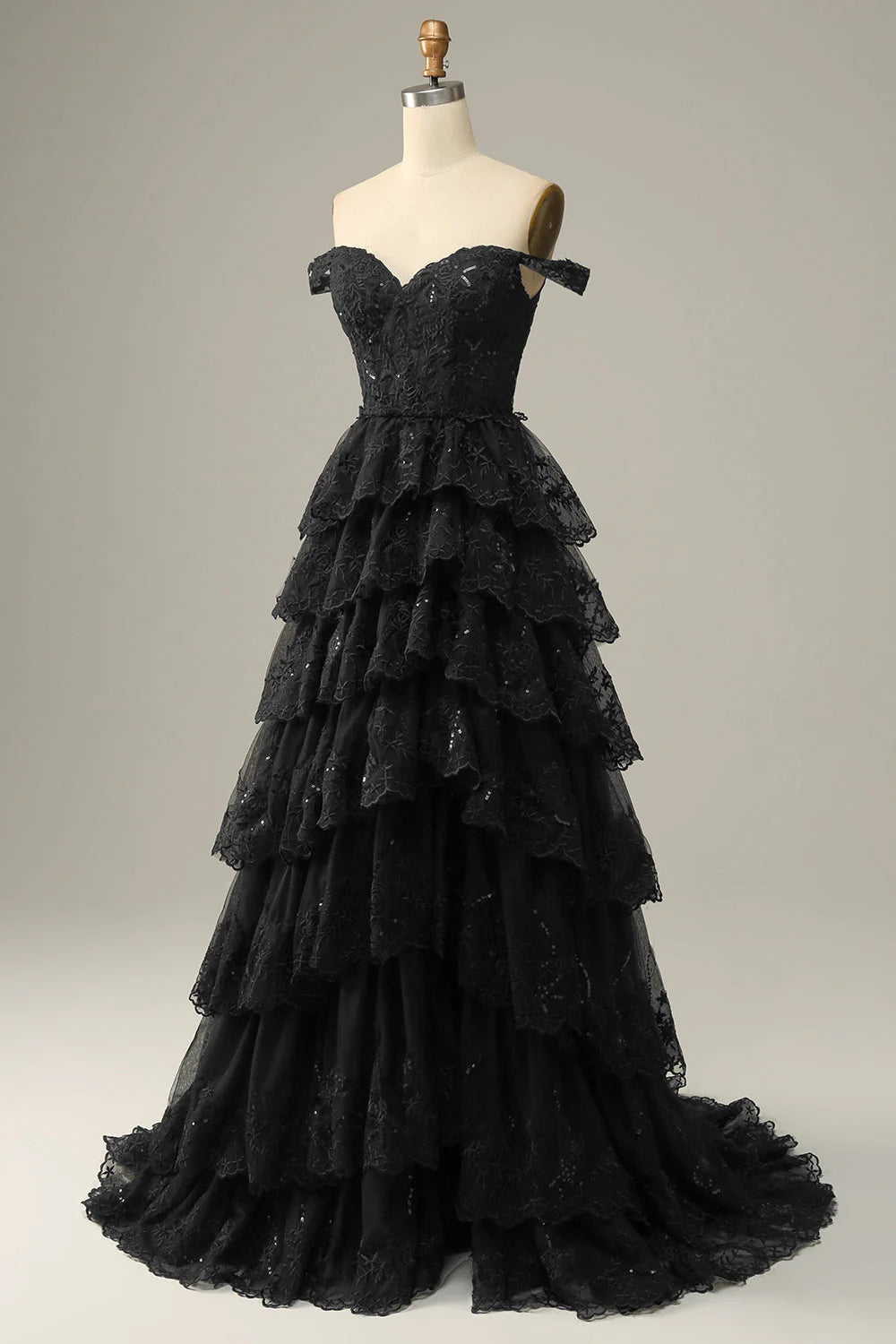 Sparkly White Tiered Lace Wedding Dress with Slit