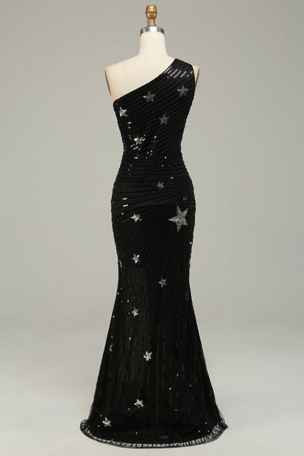 Sequins Mermaid One Shoulder Black Long Prom Dress with Star