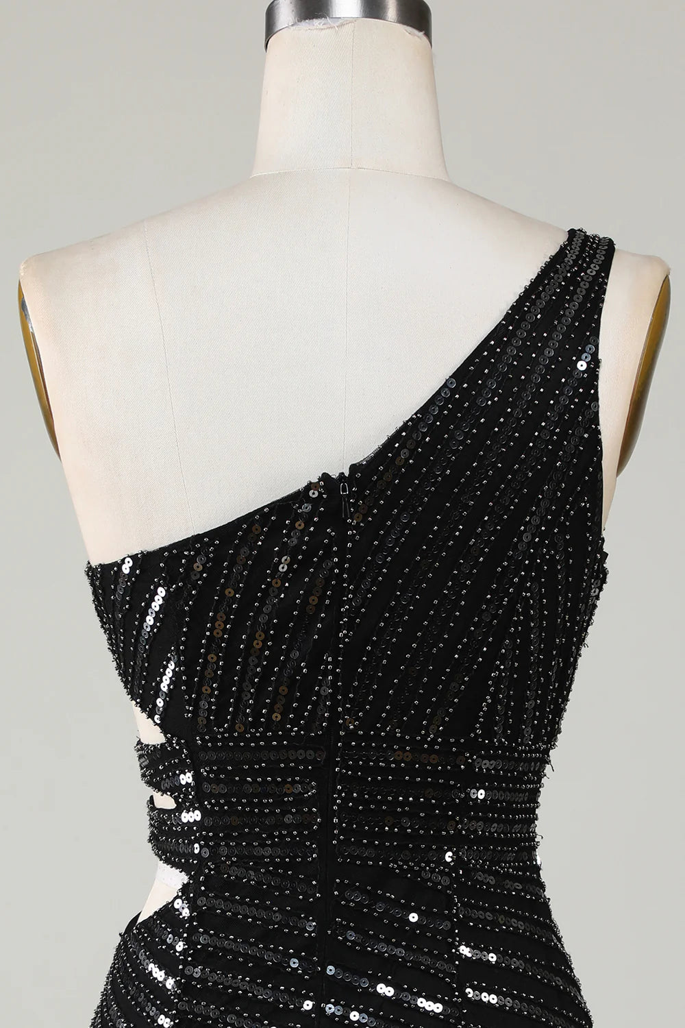 Sparkly Bodycon One Shoulder Black Sequins Short Homecoming Dress with Cut Out