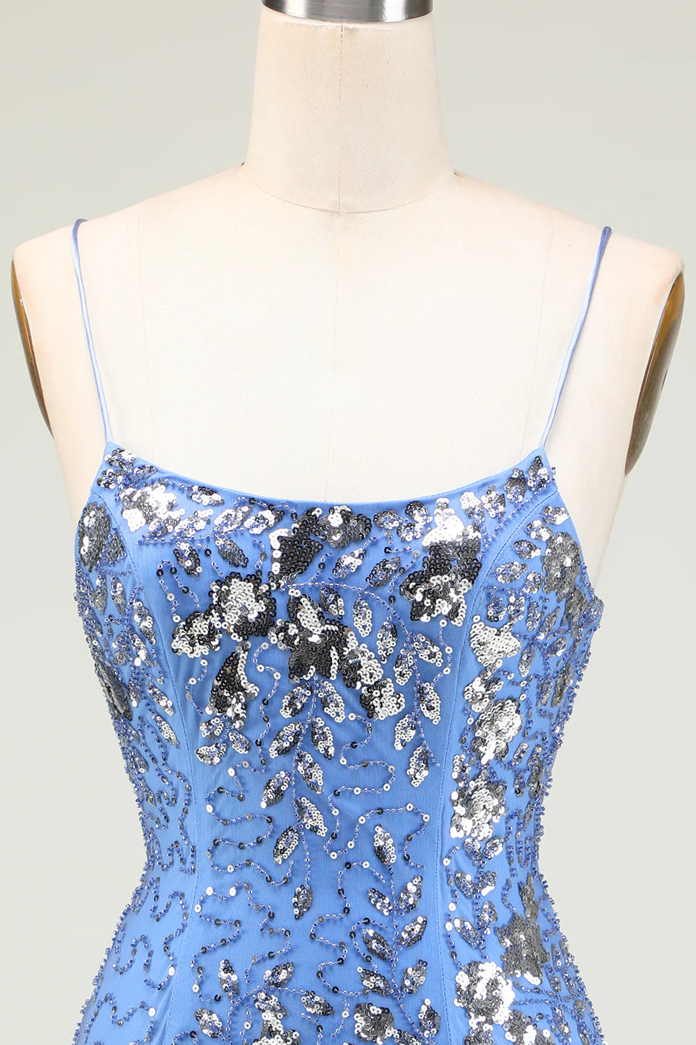 Sparkly Sheath Spaghetti Straps Grey Blue Sequins Short Homecoming Dress with Criss Cross Back