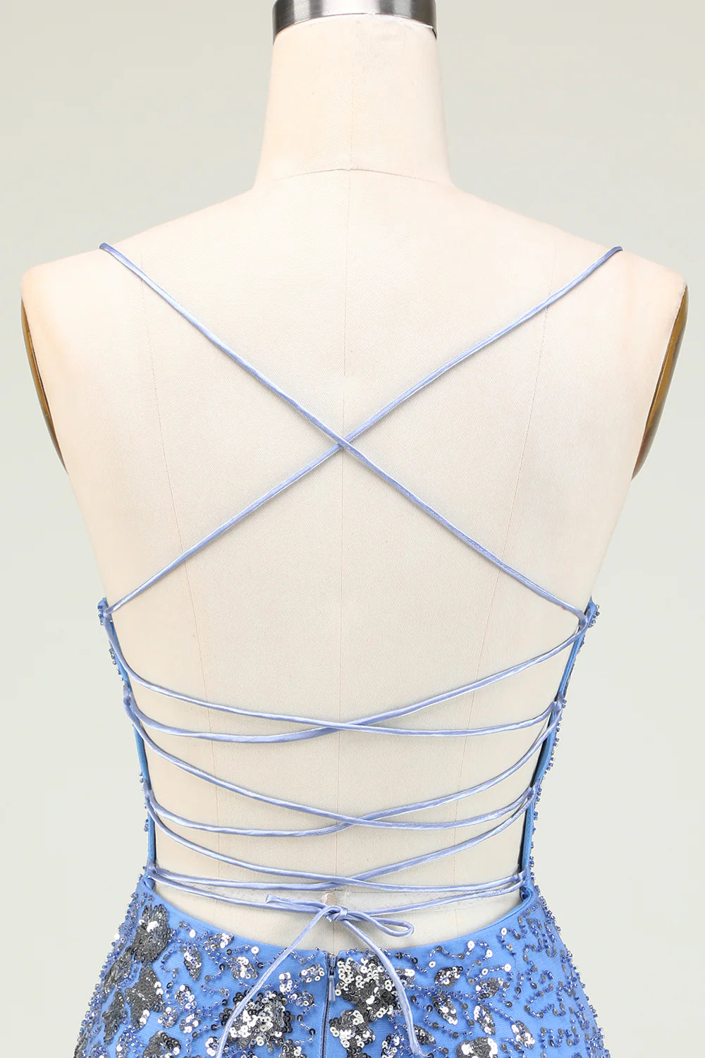 Sparkly Sheath Spaghetti Straps Grey Blue Sequins Short Homecoming Dress with Criss Cross Back