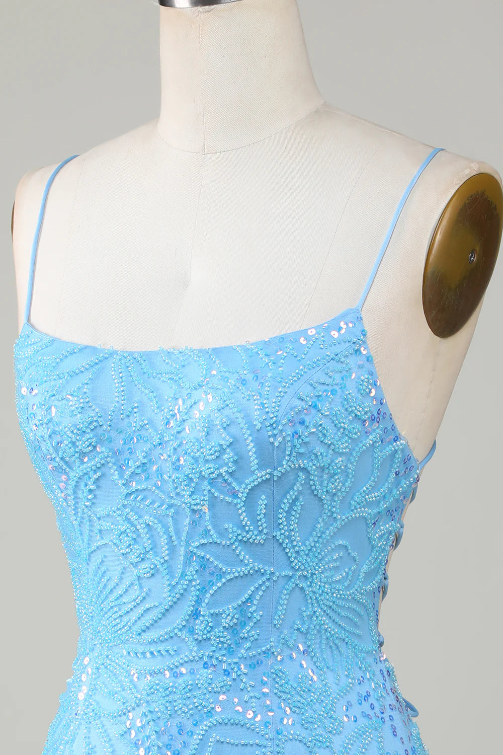 Sparkly Blue Beaded Tight Short Homecoming Dress with Lace Up Back