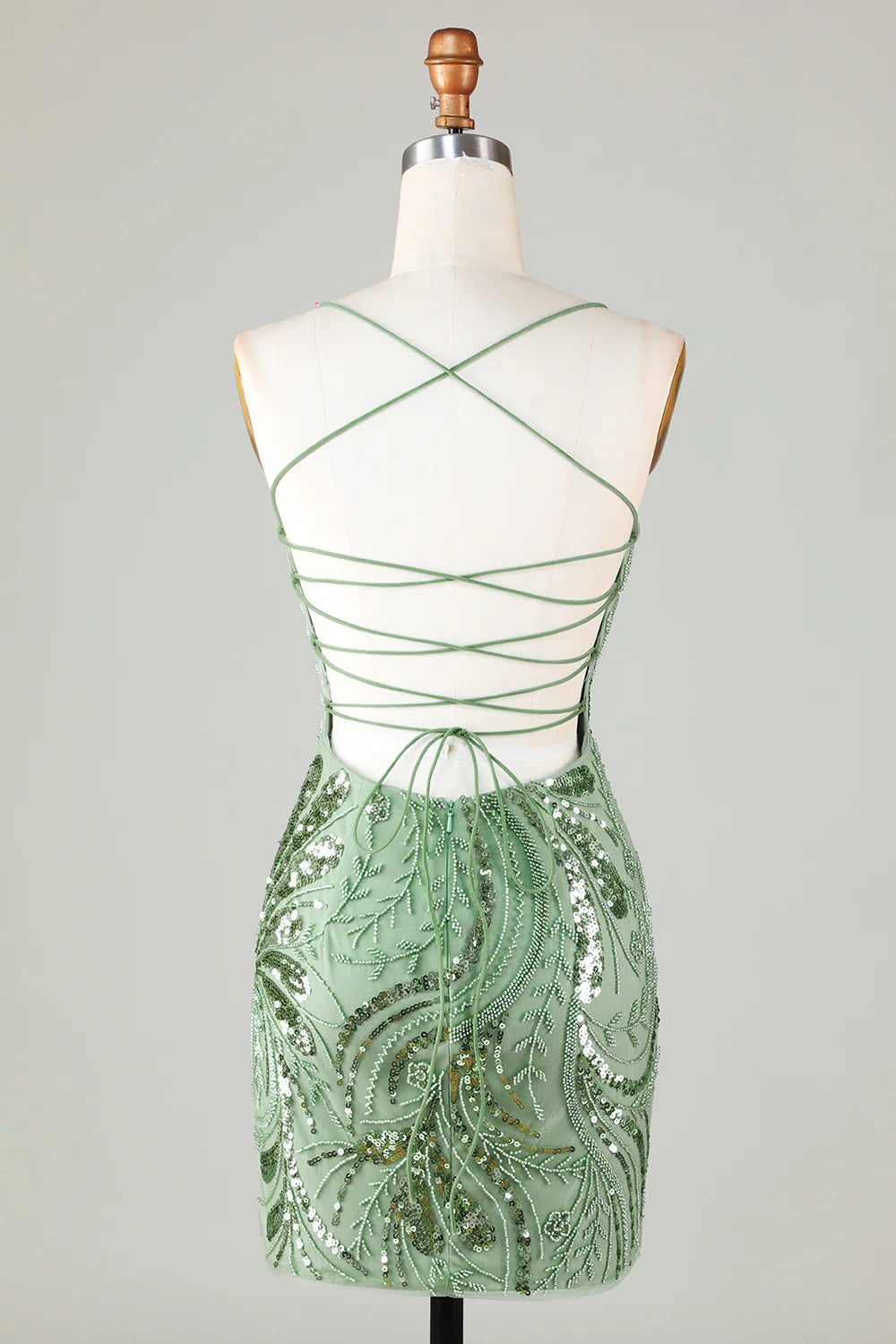 Sparkly Sheath Spaghetti Straps Green Short Homecoming Dress with Criss Cross Back