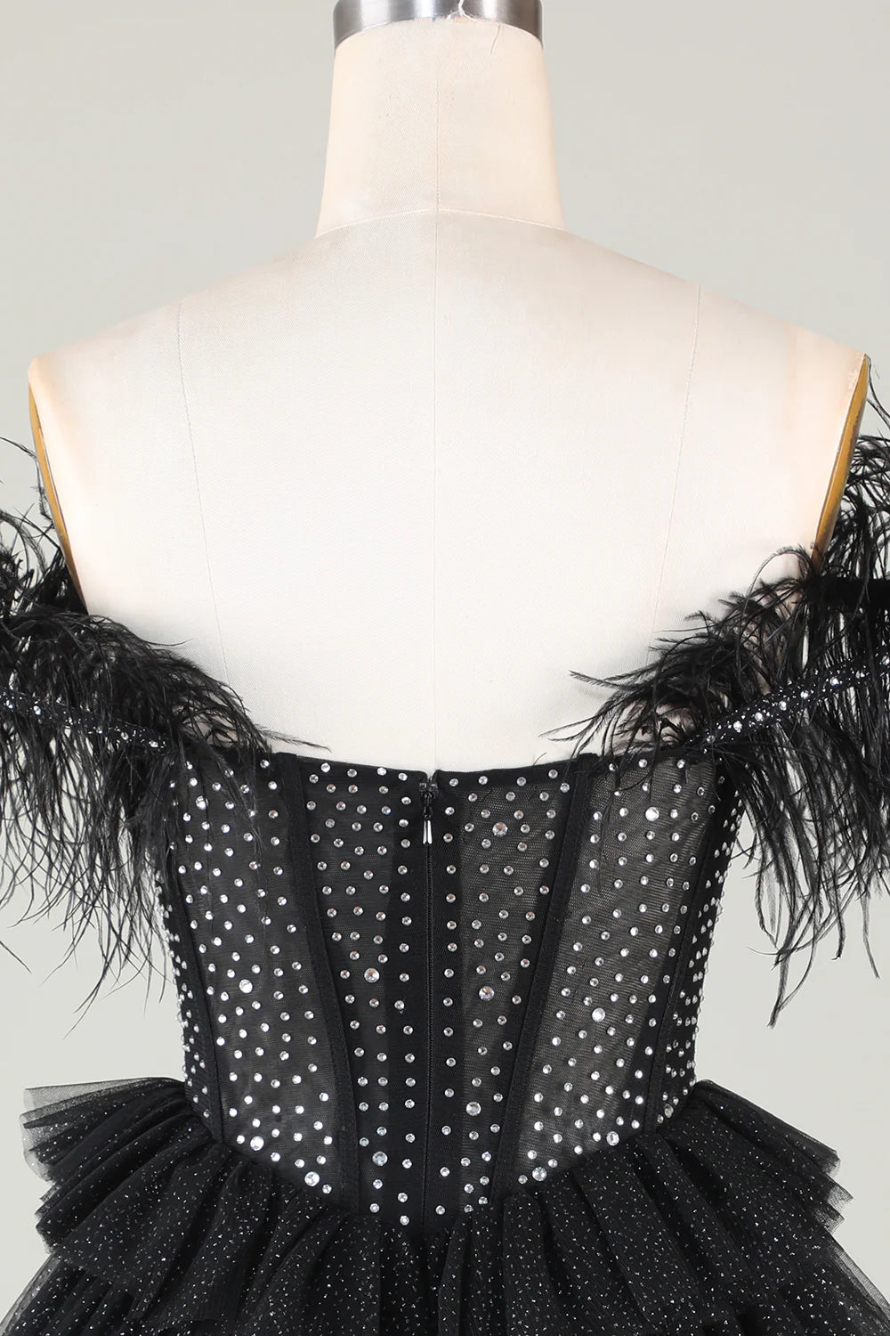 Sparkly Beaded Corset A-Line Black Short Homecoming Dress with Feathers