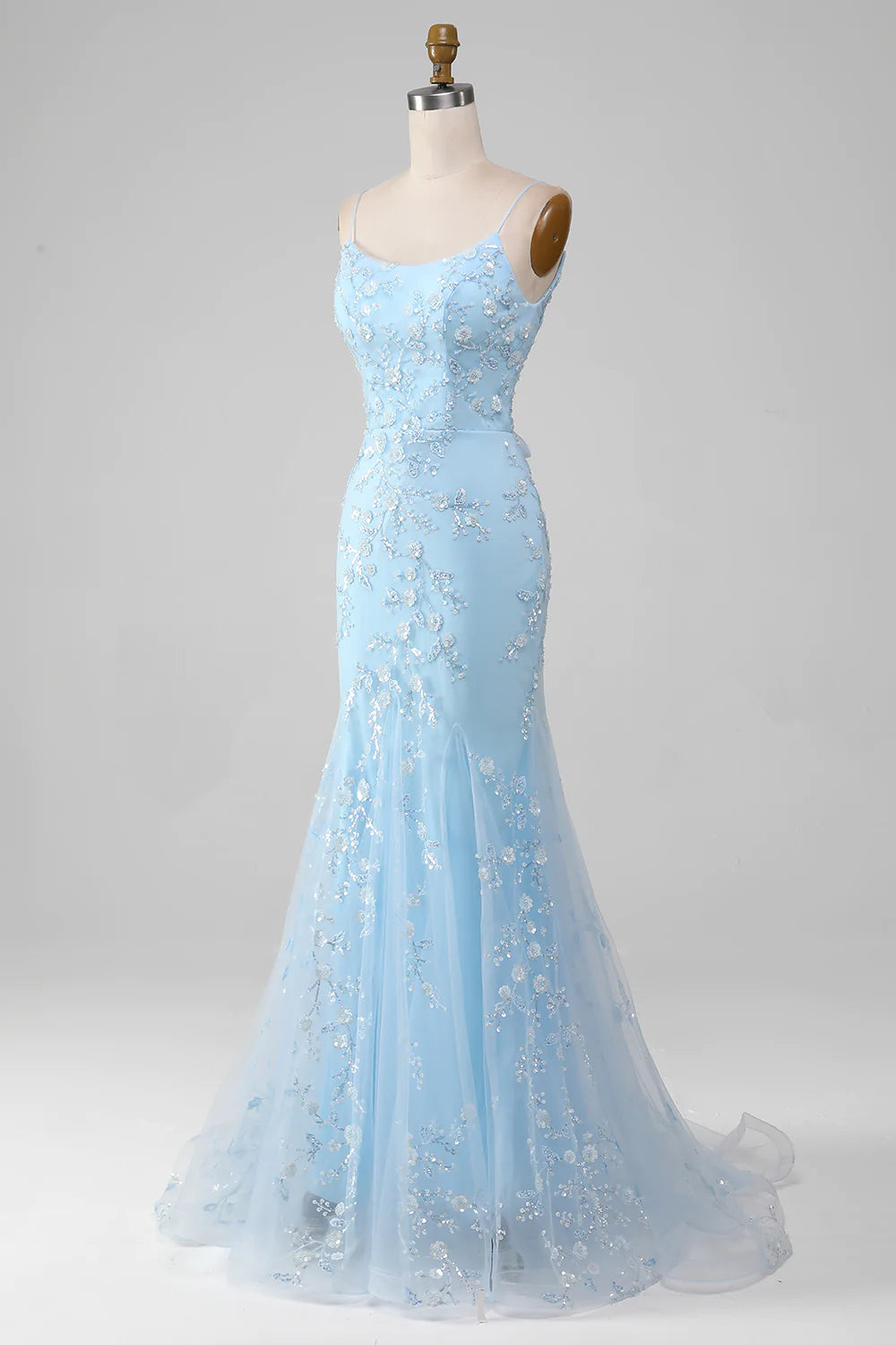 Sparkly Light Blue Mermaid Lace Up Long Prom Dress With Sequined Appliques