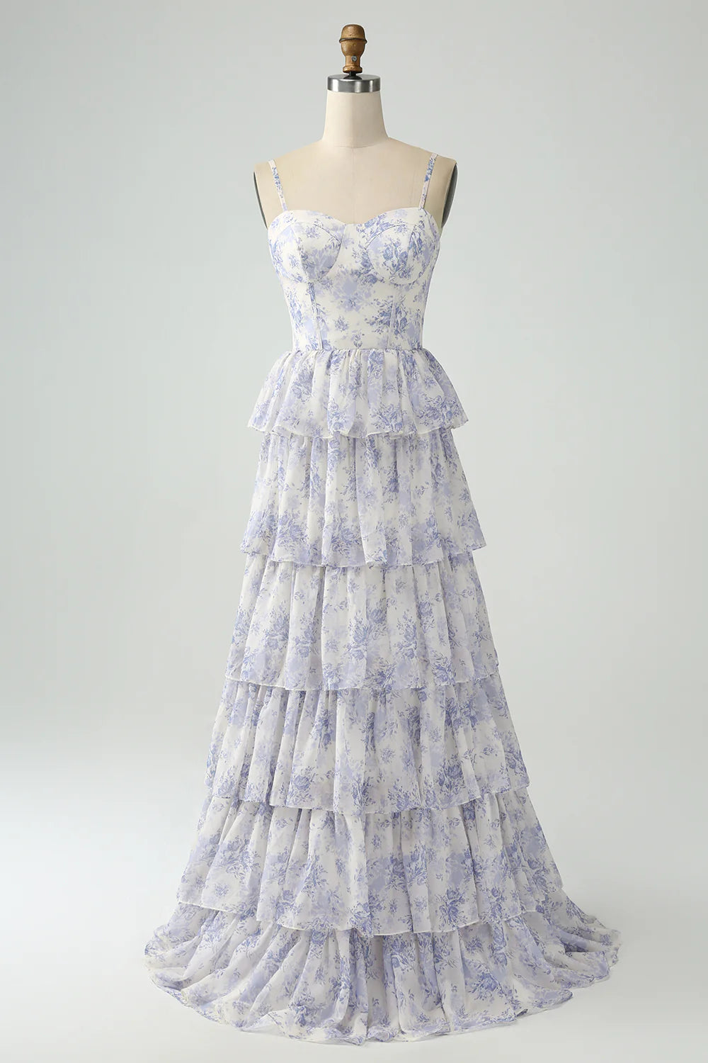 White Blue Flower A Line Spaghetti Straps Tiered Bridesmaid Dress With Ruffles