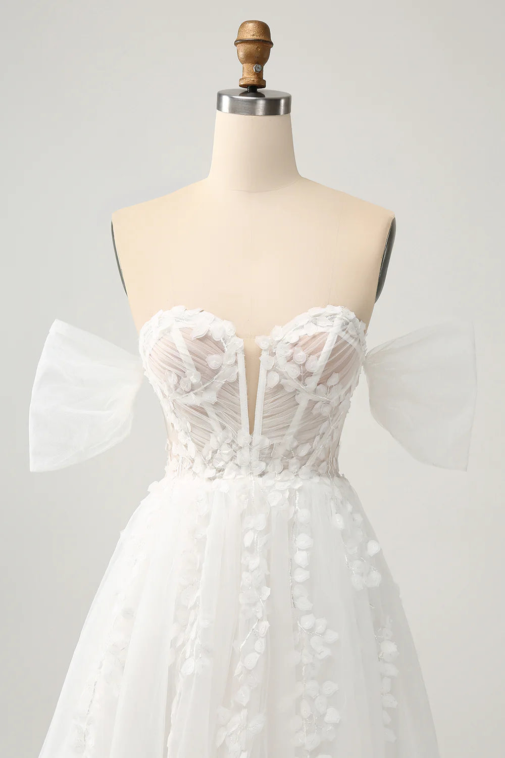 Princess Off The Shoulder Sweep Train Tulle Corset Wedding Dress with Appliques